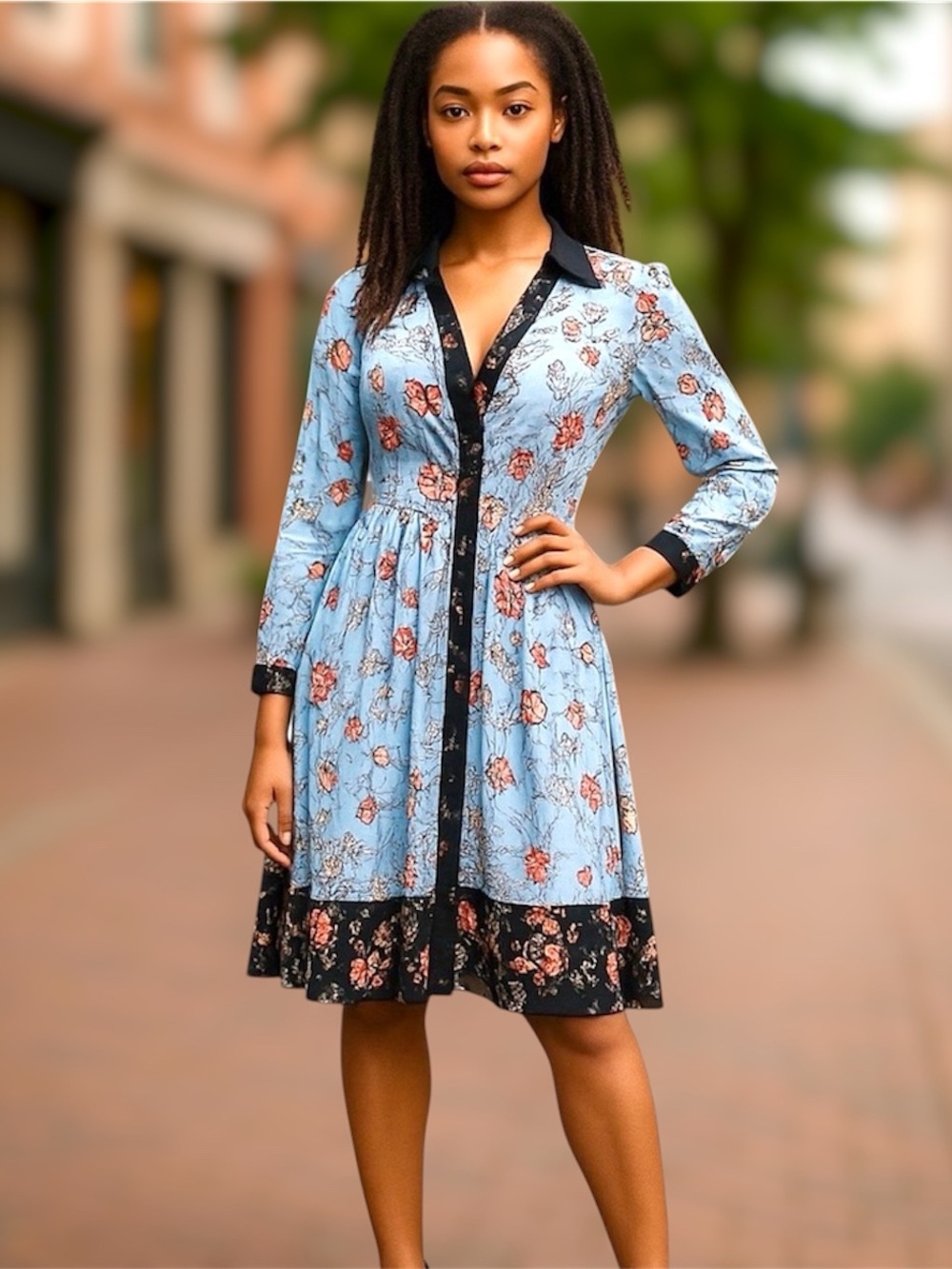 Maeve Blue and Black Floral Long Sleeve Dress